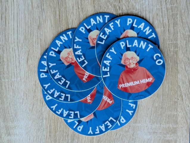 Leafy Plant Co. Sticker with a Grandma and leafy plant co text half circular above her